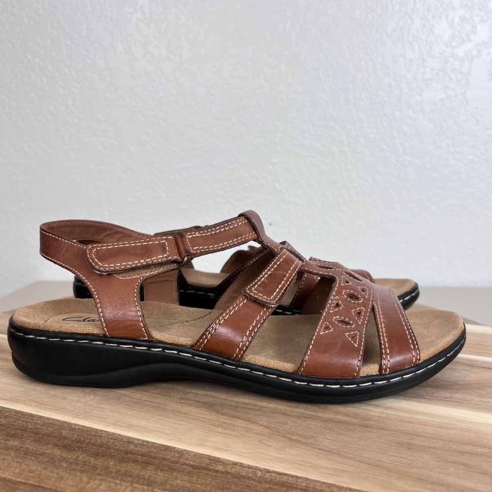 Clarks Leisa Janna Sandals Womens 12 W Brown Leather Comfort Walking Hook Loop